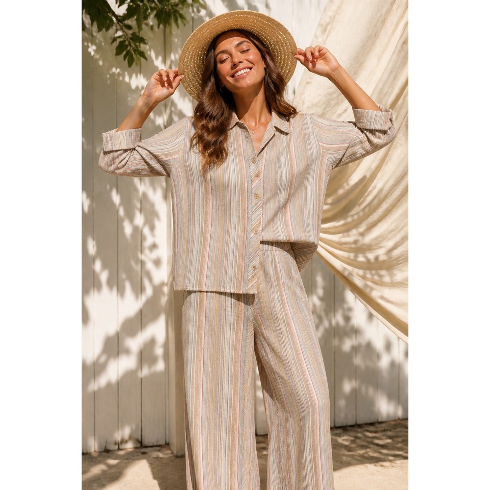 Nikki Womens 22W Blouse Tan Striped‎ Crinkle 3/4 Sleeve Button Up Top 354TW